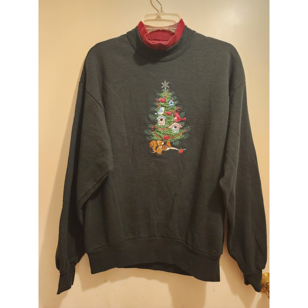 Vintage Top Stitch Morning Sun Christmas Tree Birdhouse Sweatshirt Green Large